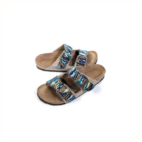 BIRKENSTOCK 39 Arizona Woven Yarn Taupe Nubuck Slide Soft Footbed Made Germany - Picture 2 of 8